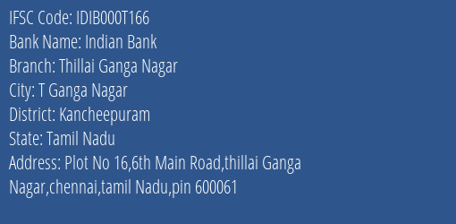 Indian Bank Thillai Ganga Nagar Branch Kancheepuram IFSC Code IDIB000T166