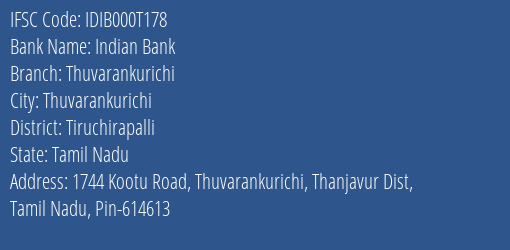 Indian Bank Thuvarankurichi Branch Tiruchirapalli IFSC Code IDIB000T178
