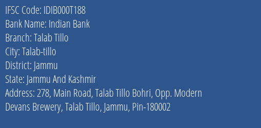Indian Bank Talab Tillo Branch, Branch Code 00T188 & IFSC Code IDIB000T188