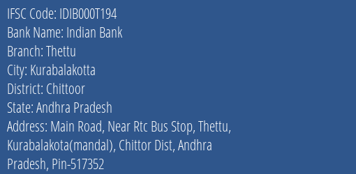 Indian Bank Thettu Branch Chittoor IFSC Code IDIB000T194