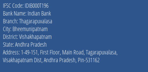 Indian Bank Thagarapuvalasa Branch Vishakhapatnam IFSC Code IDIB000T196