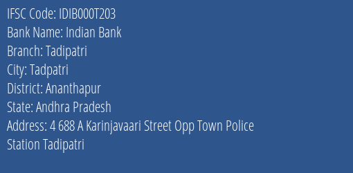 Indian Bank Tadipatri Branch Ananthapur IFSC Code IDIB000T203