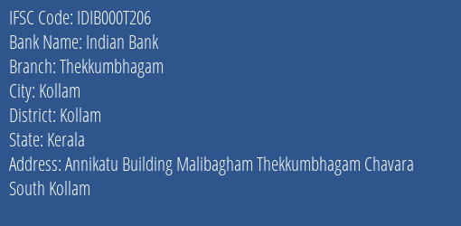 Indian Bank Thekkumbhagam Branch Kollam IFSC Code IDIB000T206