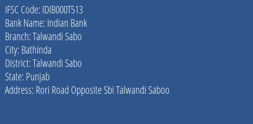Indian Bank Talwandi Sabo Branch Talwandi Sabo IFSC Code IDIB000T513