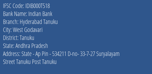 Indian Bank Hyderabad Tanuku Branch Tanuku IFSC Code IDIB000T518