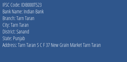 Indian Bank Tarn Taran Branch IFSC Code