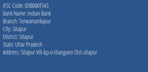 Indian Bank Terwamankapur Branch Sitapur IFSC Code IDIB000T543