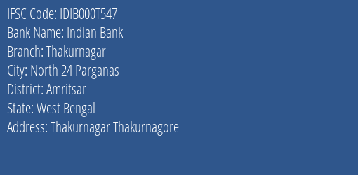 Indian Bank Thakurnagar Branch, Branch Code 00T547 & IFSC Code IDIB000T547