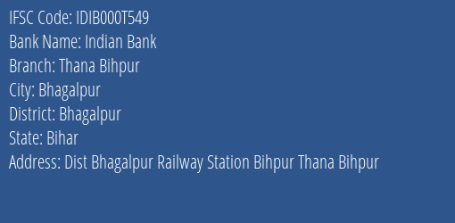 Indian Bank Thana Bihpur Branch Bhagalpur IFSC Code IDIB000T549