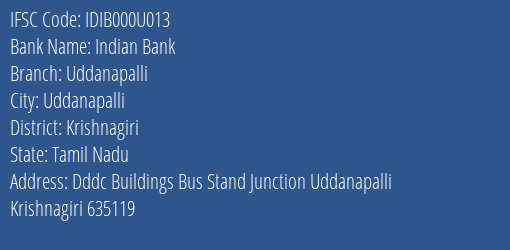 Indian Bank Uddanapalli Branch Krishnagiri IFSC Code IDIB000U013