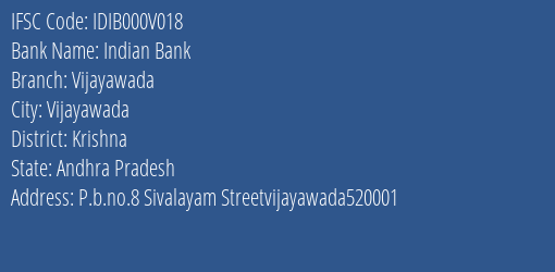 Indian Bank Vijayawada Branch Krishna IFSC Code IDIB000V018