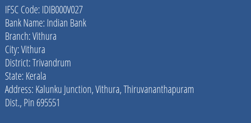 Indian Bank Vithura Branch IFSC Code