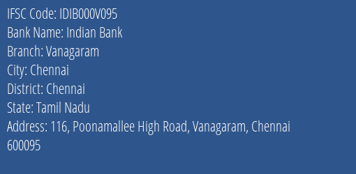 Indian Bank Vanagaram Branch Chennai IFSC Code IDIB000V095