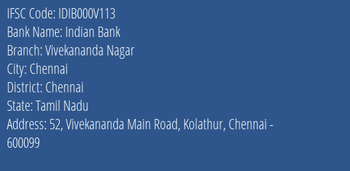 Indian Bank Vivekananda Nagar Branch Chennai IFSC Code IDIB000V113