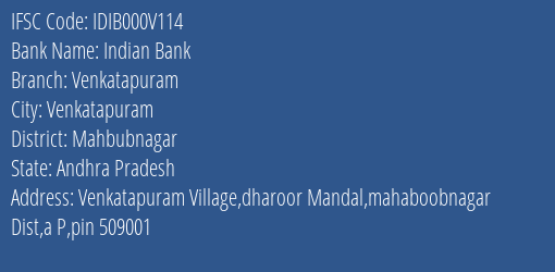 Indian Bank Venkatapuram Branch Mahbubnagar IFSC Code IDIB000V114