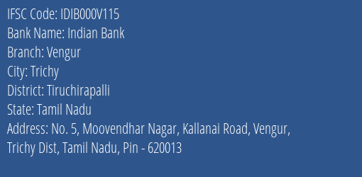 Indian Bank Vengur Branch Tiruchirapalli IFSC Code IDIB000V115