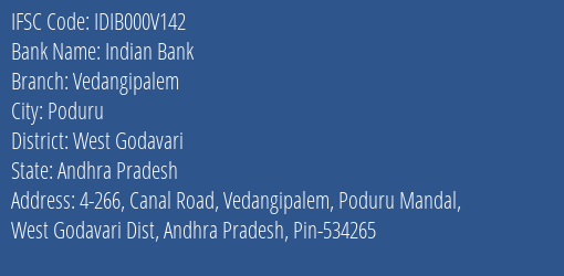 Indian Bank Vedangipalem Branch West Godavari IFSC Code IDIB000V142
