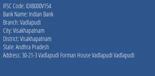 Indian Bank Vadlapudi Branch Visakhapatnam IFSC Code IDIB000V154