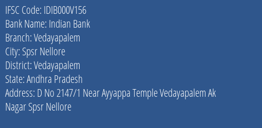 Indian Bank Vedayapalem Branch Vedayapalem IFSC Code IDIB000V156