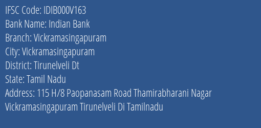 Indian Bank Vickramasingapuram Branch Tirunelveli Dt IFSC Code IDIB000V163