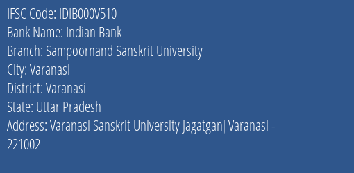 Indian Bank Sampoornand Sanskrit University Branch Varanasi IFSC Code IDIB000V510