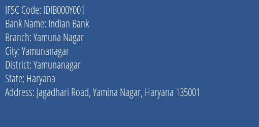 Indian Bank Yamuna Nagar Branch IFSC Code