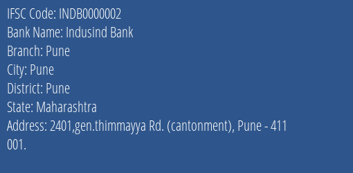 Indusind Bank Pune Branch, Branch Code 000002 & IFSC Code INDB0000002
