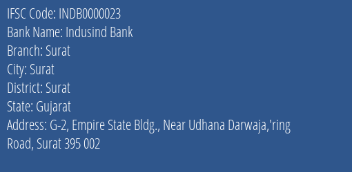 Indusind Bank Surat Branch, Branch Code 000023 & IFSC Code INDB0000023