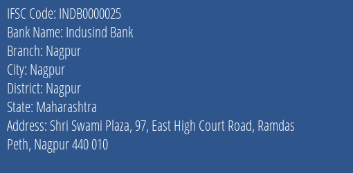 Indusind Bank Nagpur Branch, Branch Code 000025 & IFSC Code Indb0000025