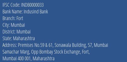 Indusind Bank Fort Branch, Branch Code 000033 & IFSC Code INDB0000033