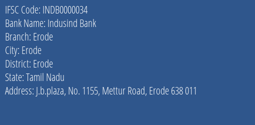 Indusind Bank Erode Branch Erode IFSC Code INDB0000034
