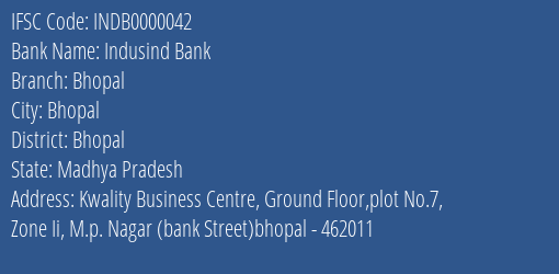 Indusind Bank Bhopal Branch, Branch Code 000042 & IFSC Code INDB0000042
