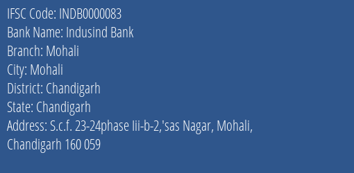 Indusind Bank Mohali Branch, Branch Code 000083 & IFSC Code INDB0000083