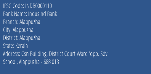 Indusind Bank Alappuzha Branch, Branch Code 000110 & IFSC Code INDB0000110