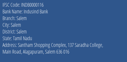 Indusind Bank Salem Branch Salem IFSC Code INDB0000116