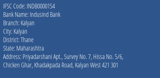 Indusind Bank Kalyan Branch Thane IFSC Code INDB0000154