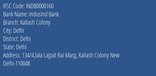 Indusind Bank Kailash Colony Branch IFSC Code