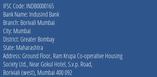 Indusind Bank Borivali Mumbai Branch Greater Bombay IFSC Code INDB0000165