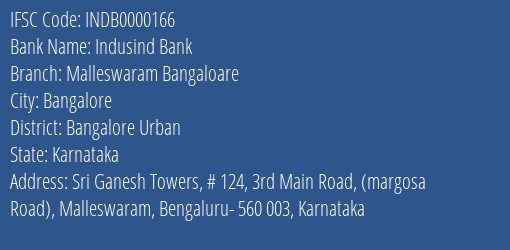 Indusind Bank Malleswaram Bangaloare Branch, Branch Code 000166 & IFSC Code INDB0000166