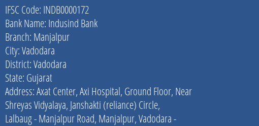 Indusind Bank Manjalpur Branch, Branch Code 000172 & IFSC Code INDB0000172