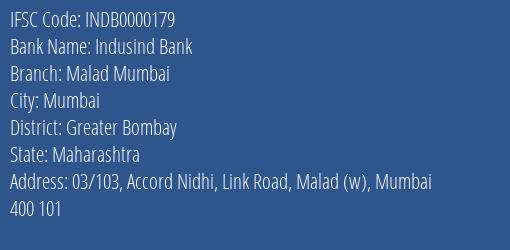 Indusind Bank Malad Mumbai Branch Greater Bombay IFSC Code INDB0000179