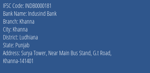 Indusind Bank Khanna Branch, Branch Code 000181 & IFSC Code INDB0000181