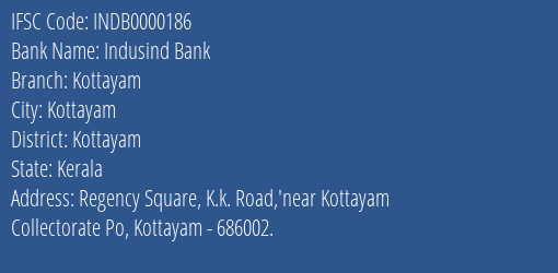 Indusind Bank Kottayam Branch, Branch Code 000186 & IFSC Code INDB0000186