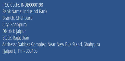Indusind Bank Shahpura Branch, Branch Code 000198 & IFSC Code INDB0000198