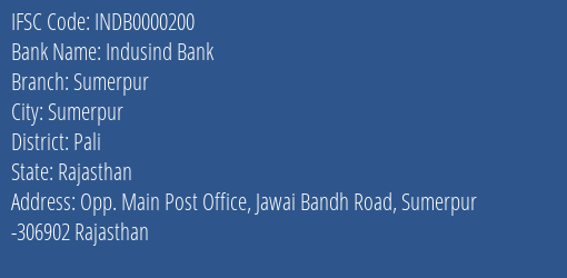 Indusind Bank Sumerpur Branch, Branch Code 000200 & IFSC Code INDB0000200