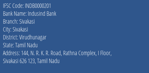 Indusind Bank Sivakasi Branch, Branch Code 000201 & IFSC Code INDB0000201