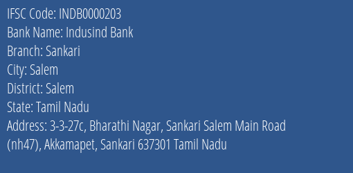Indusind Bank Sankari Branch Salem IFSC Code INDB0000203