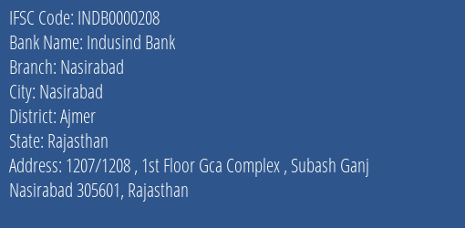 Indusind Bank Nasirabad Branch Ajmer IFSC Code INDB0000208