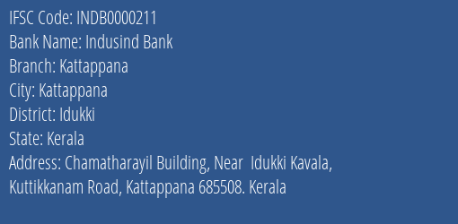 Indusind Bank Kattappana Branch, Branch Code 000211 & IFSC Code INDB0000211