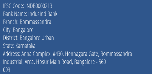 Indusind Bank Bommassandra Branch, Branch Code 000213 & IFSC Code INDB0000213